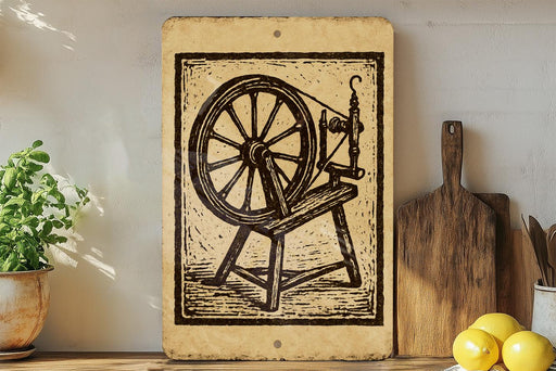 a wooden spinning wheel with a wooden bench in front of it, placed on a wooden shelf next to a potted plant and a wooden cutting board.