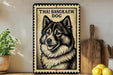 a framed poster of a dog, specifically a Thai bangka, on a shelf next to a wooden cutting board and some lemons.