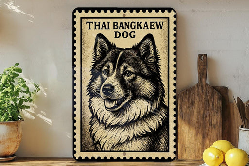 a framed poster of a dog, specifically a Thai bangka, on a shelf next to a wooden cutting board and some lemons.