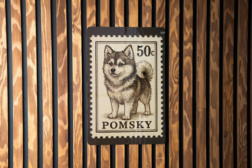 A 50 cent stamp featuring a pomeranian dog.