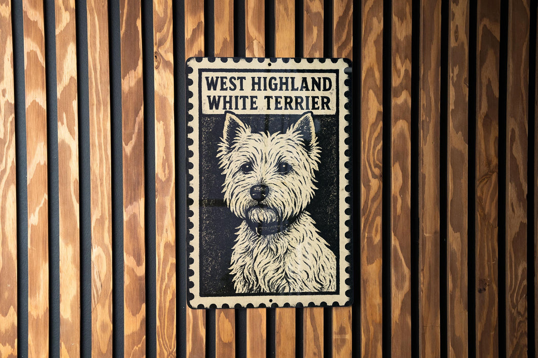 A metal sign with a black and white illustration of a white terrier dog, mounted on a wooden wall.