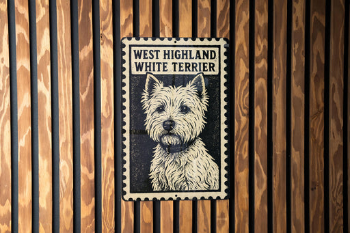 A metal sign with a black and white illustration of a white terrier dog, mounted on a wooden wall.