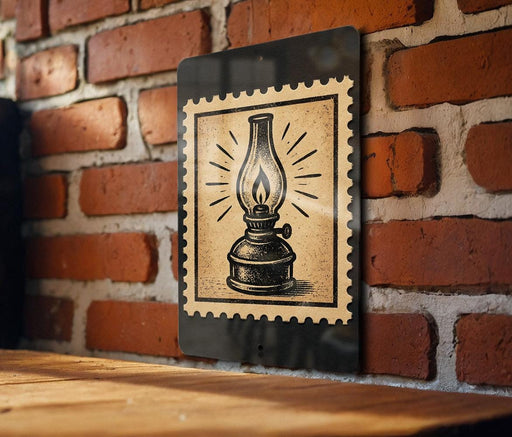 A black and white illustration of a lantern is displayed on a brick wall, mounted on a wooden surface.