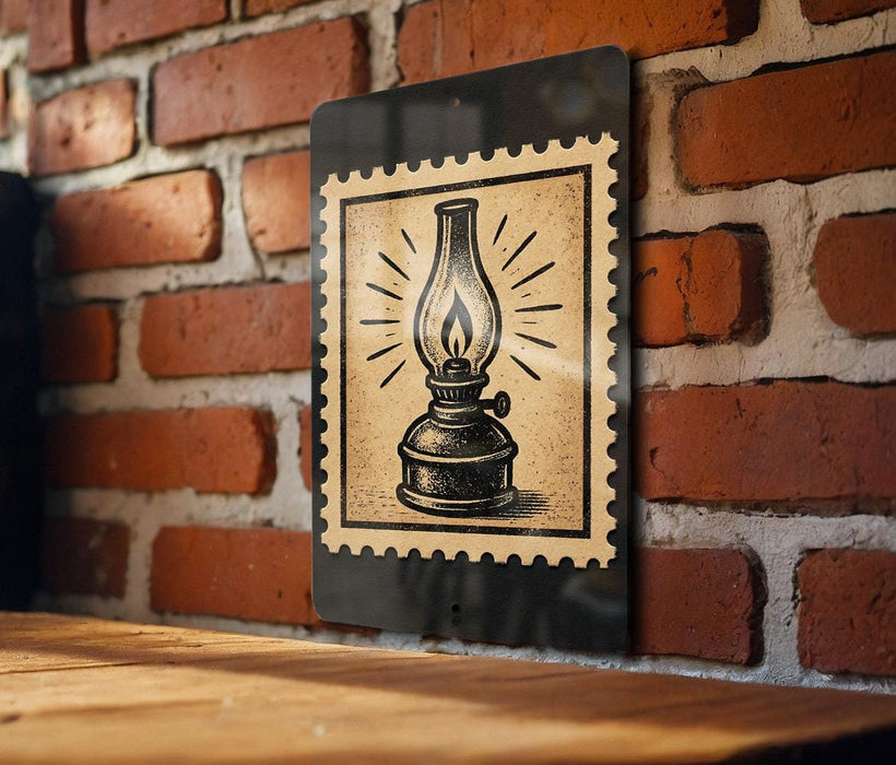 A black and white illustration of a lantern is displayed on a brick wall, mounted on a wooden surface.
