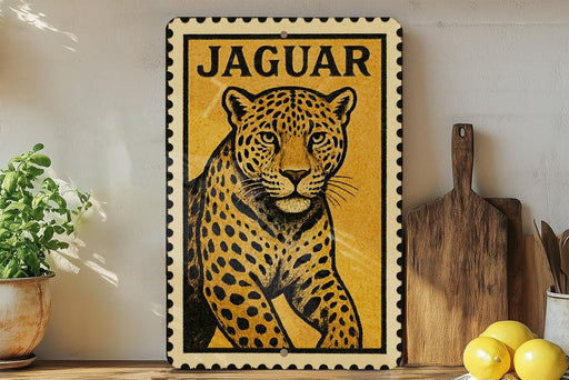 A framed poster of a leopard is displayed on a shelf, with a wooden cutting board and a potted plant to the left.