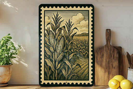 a framed illustration of a cornfield with a wooden cutting board and lemons on a shelf.