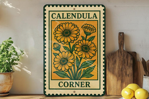 a decorative metal sign with a floral design, placed on a shelf next to a wooden cutting board and some potted plants.
