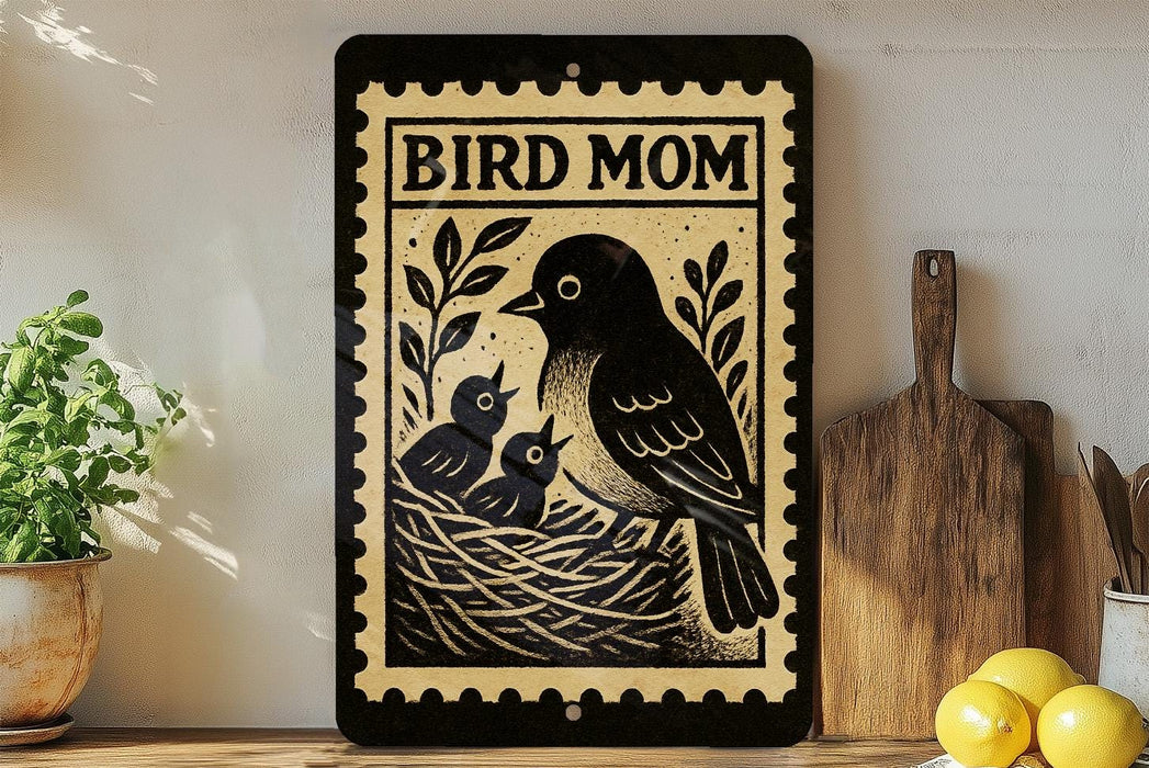 a decorative sign with a bird illustration, placed on a shelf next to a wooden cutting board and some potted plants.