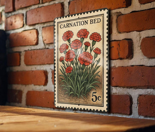 A vintage-style stamp depicting a bouquet of red carnation flowers, mounted on a brick wall.