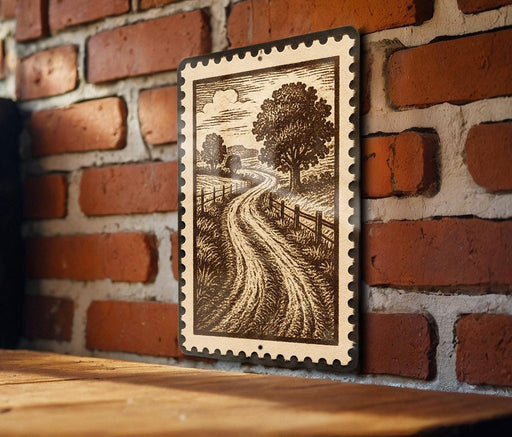 a wooden table with a framed illustration of a rural landscape hanging on a brick wall.