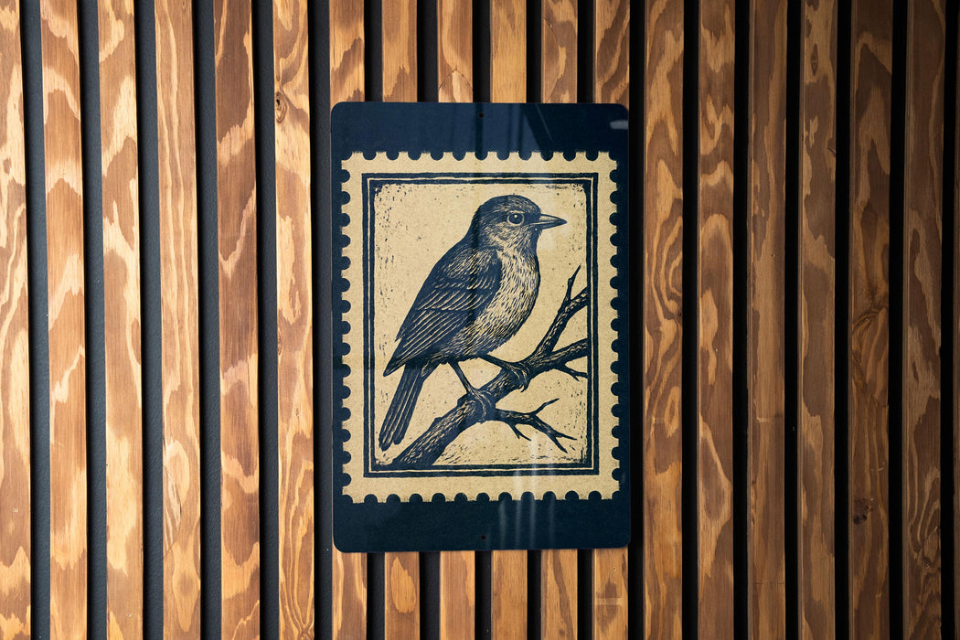 A postage stamp featuring a bird perched on a branch is displayed on a wooden wall.