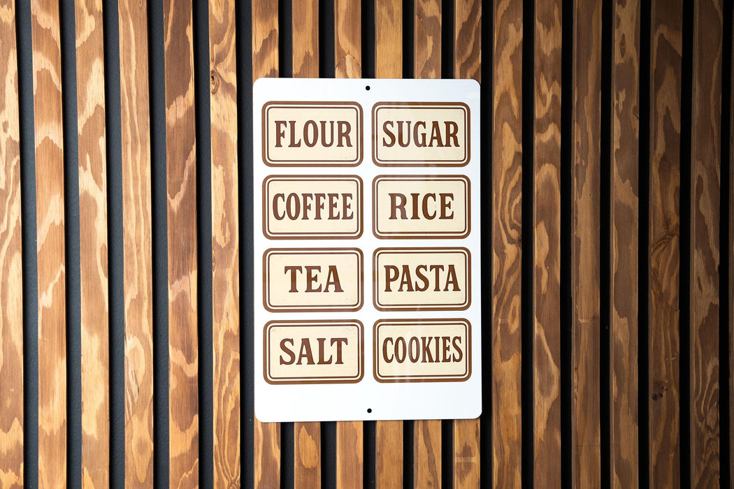 A sign with the names of various food items written on it, mounted on a wooden wall.