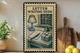 a vintage-style metal sign with a letter writing desk illustration, placed on a wooden surface next to a potted plant and a wooden cutting board.