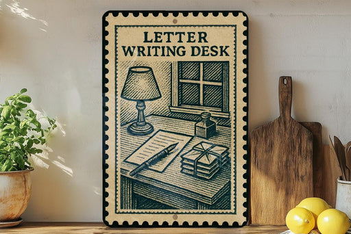 a vintage-style metal sign with a letter writing desk illustration, placed on a wooden surface next to a potted plant and a wooden cutting board.