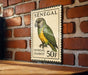 A vintage postage stamp featuring a colorful parrot, mounted on a brick wall.