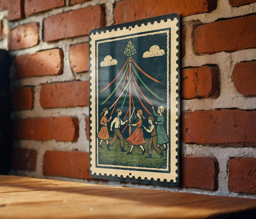A vintage-style metal sign with a colorful illustration of people dancing on a grassy field, set against a brick wall.