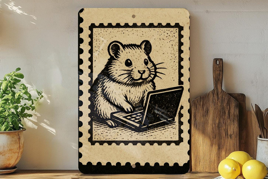 a wooden board with a black and white illustration of a hamster sitting on a laptop, surrounded by various kitchen utensils and a potted plant.