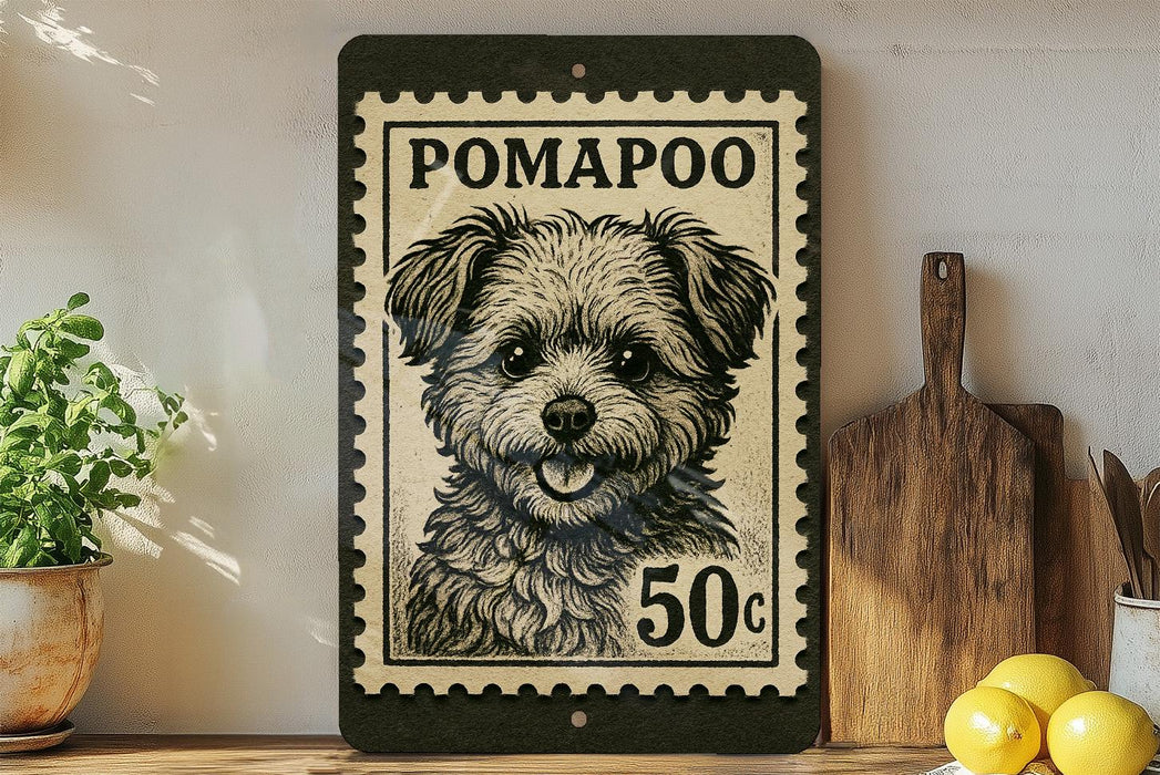 A black and white illustration of a pom-poo dog on a postage stamp, with the text "POMAPOO" and "50c" printed on it. The stamp is placed on a shelf next to a wooden cutting board and a potted plant.
