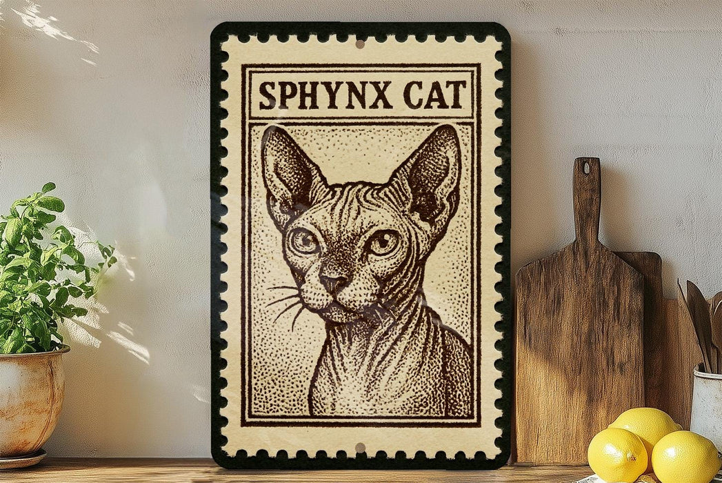 a framed illustration of a Sphynx cat, which is a hairless breed of domestic cat. The cat is depicted in a detailed, monochromatic style, with a wooden frame surrounding the artwork. The framed image is placed on a wooden surface, with a potted plant and a wooden cutting board visible in the background.