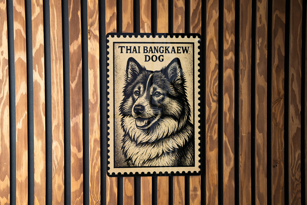 A framed image of a dog, likely a breed like a Samoyed or a similar breed, is displayed on a wooden wall.