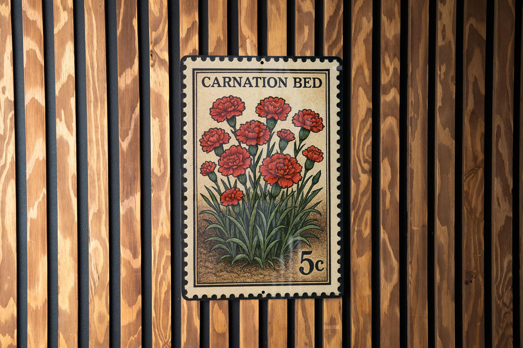 A vintage-style postage stamp featuring a bouquet of red carnation flowers, mounted on a wooden wall.