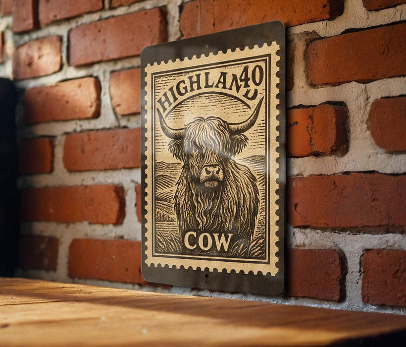 A metal sign with a picture of a horned cow, mounted on a brick wall.