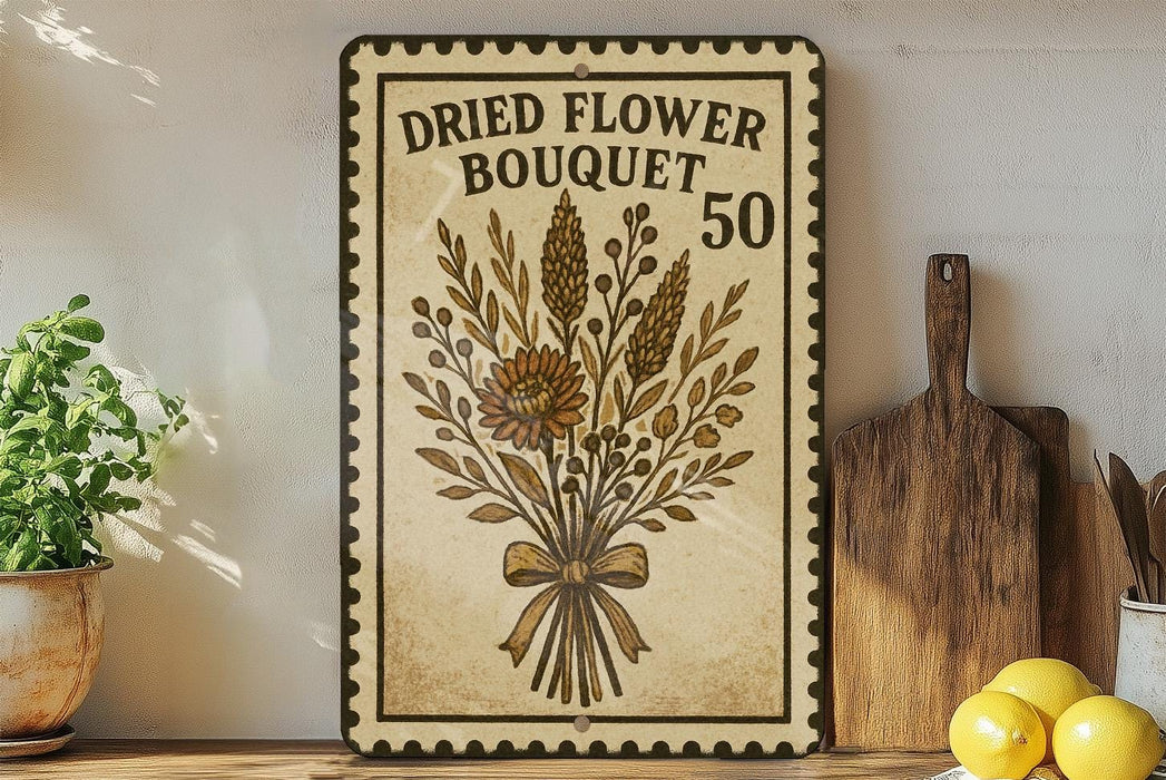 a decorative sign with a floral design, placed on a shelf next to a wooden cutting board and some lemons.