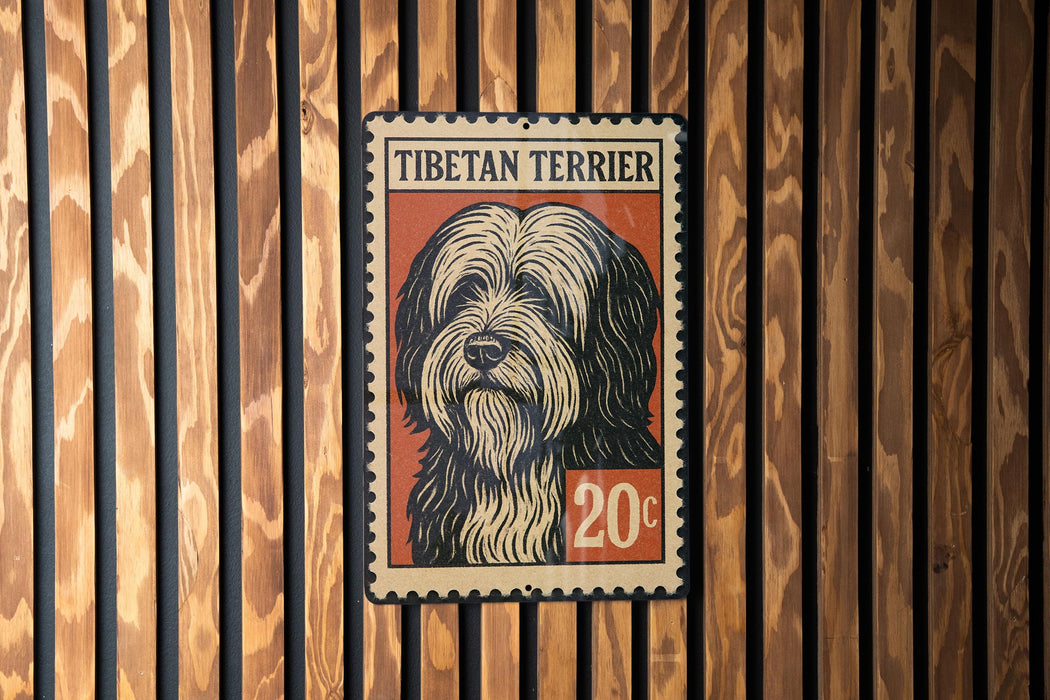 A postage stamp featuring a Tibetan Terrier dog, with the text "TIBETAN TERRIER" and "20c" printed on it.
