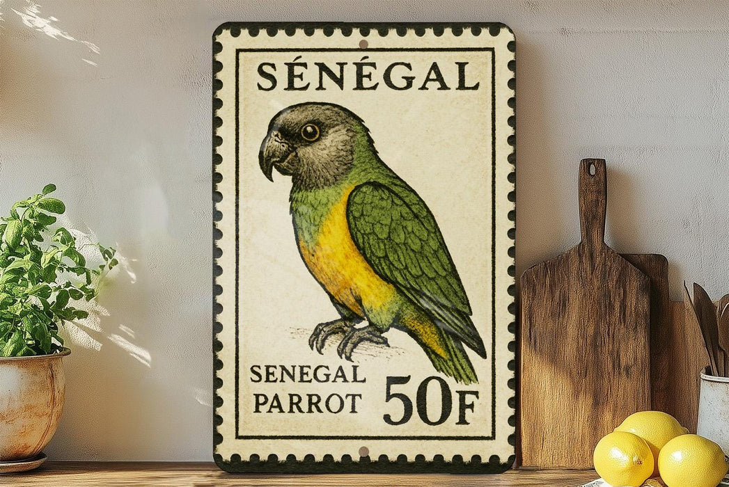 A postage stamp from Senegal featuring a colorful parrot, placed on a wooden surface next to a potted plant and a wooden cutting board.