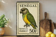 A postage stamp from Senegal featuring a colorful parrot, placed on a wooden surface next to a potted plant and a wooden cutting board.