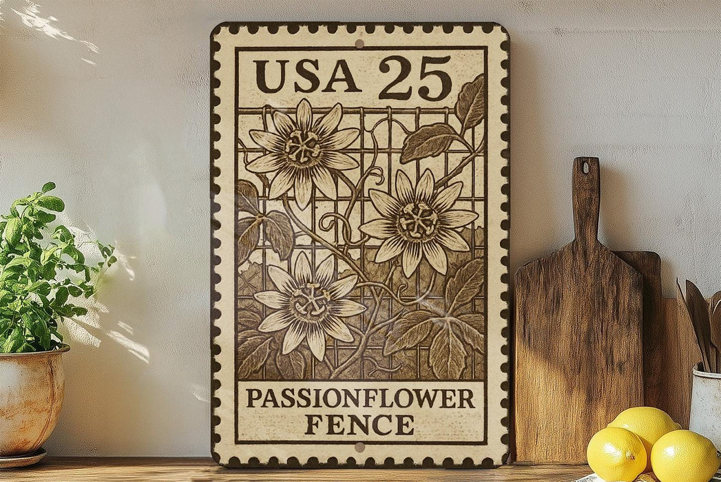 A wooden sign with a floral design and text, placed on a shelf next to a potted plant and a wooden cutting board.