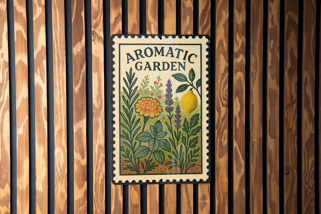 a decorative sign for an aromatic garden, with a floral and citrus theme, mounted on a wooden wall.