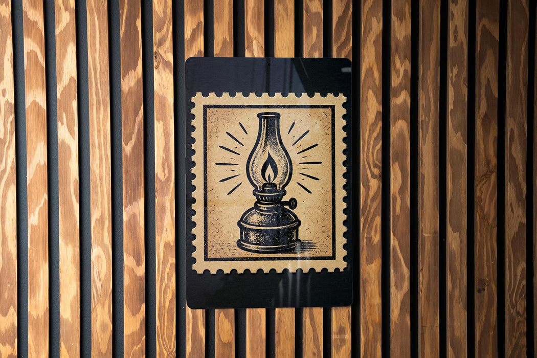 A black and white illustration of an oil lamp is displayed on a wooden wall, with a black border around the image.