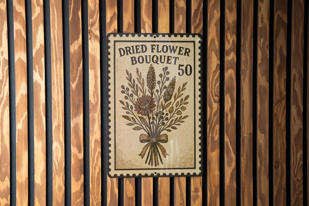 A vintage-style metal sign with a floral design, mounted on a wooden wall.