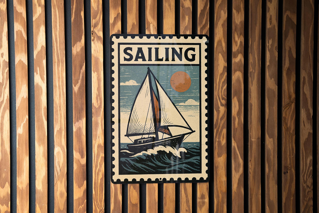 a vintage-style poster of a sailboat on a wave, mounted on a wooden wall.