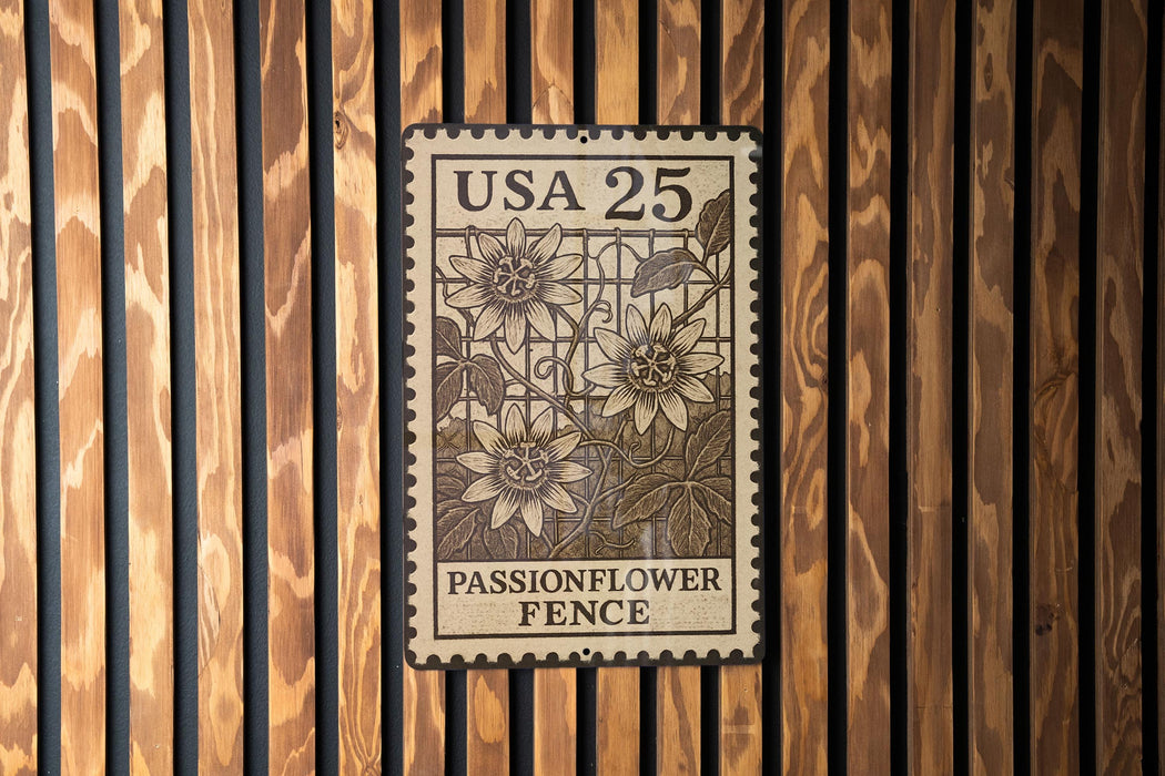 A wooden fence with a USA 25 25 Passionflower Fence sign hanging on it.