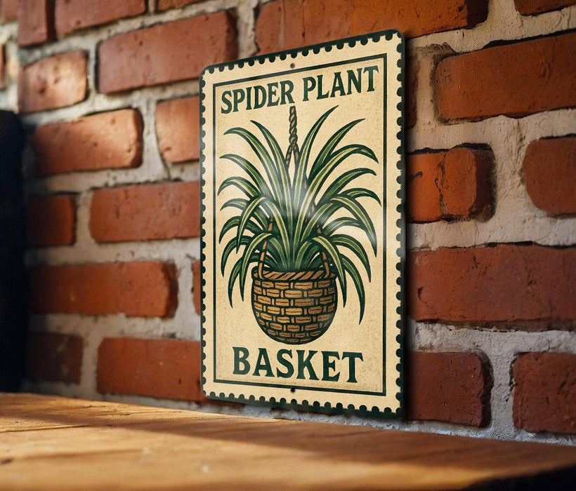A metal sign with a plant illustration and the text "SPIDER PLANT BASKET" is displayed on a brick wall.