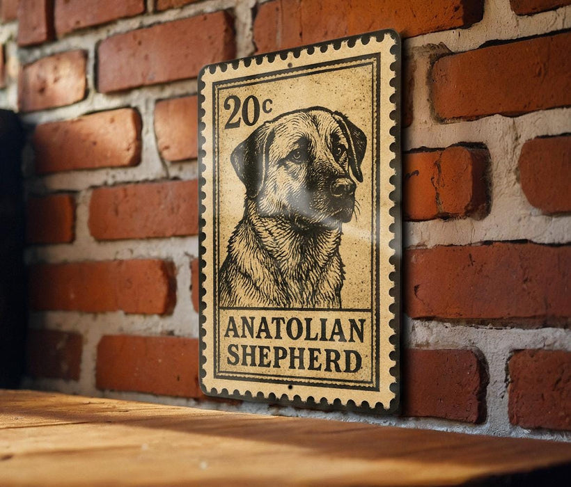 A metal sign featuring a black and white illustration of a Anatolian Shepherd dog, mounted on a brick wall.