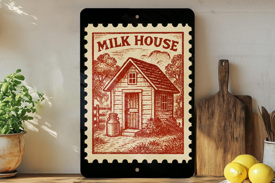 a framed illustration of a small wooden house with a cow in front of it, surrounded by trees and a barn, all set against a rural landscape.