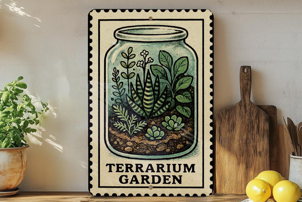A framed illustration of a terrarium garden, featuring various plants and a glass jar, is displayed on a shelf next to a wooden cutting board and some lemons.