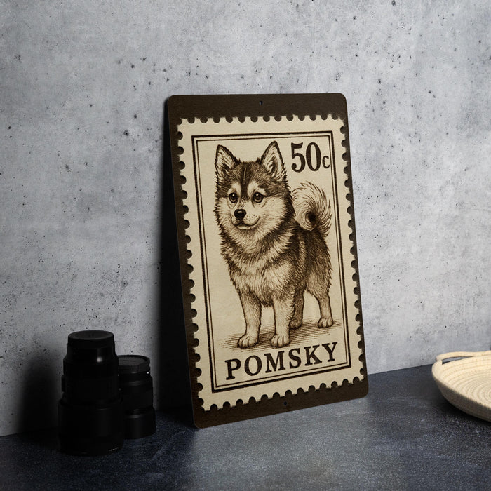 A wooden frame with a postage stamp design featuring a small dog, likely a Pomeranian, on a gray background.