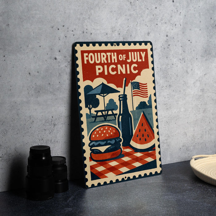 A metal sign with a patriotic design, featuring a hamburger, watermelon, and a picnic table, along with an American flag and a hamburger bun.