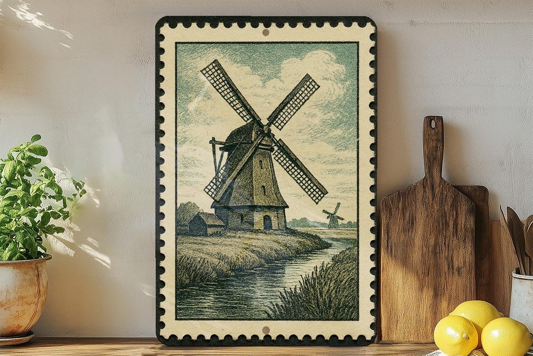 a framed illustration of a windmill on a shelf, surrounded by various kitchen utensils and a potted plant.