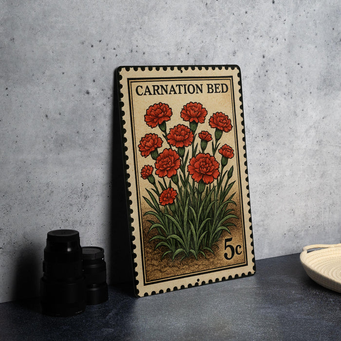 A vintage-style stamp depicting a bouquet of red carnation flowers, with the text "Carnation Bed" printed on it.