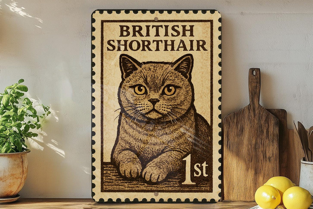A British Shorthair cat stamp is displayed on a shelf, surrounded by kitchen utensils and a potted plant.