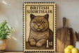 A British Shorthair cat stamp is displayed on a shelf, surrounded by kitchen utensils and a potted plant.