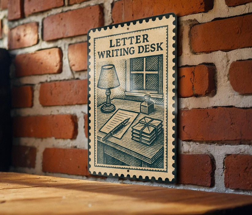 a vintage-style metal sign with a drawing of a letter writing desk, mounted on a brick wall.