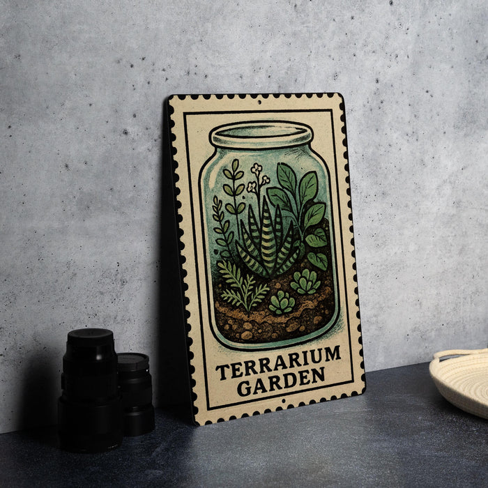 A metal sign with a picture of a terrarium plant inside a jar, placed on a table next to some black camera lenses.