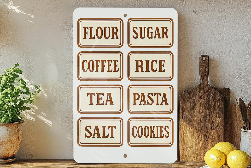 a kitchen counter with a white sign displaying various food items and a wooden cutting board.