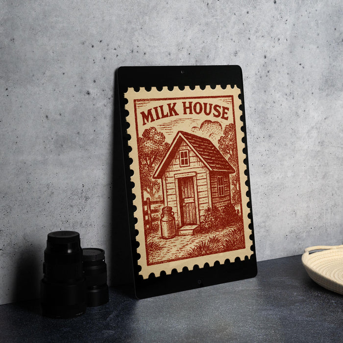 a framed stamp-like design with a house illustration, placed on a table next to some black camera lenses.